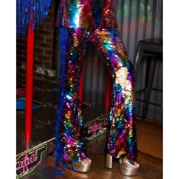 NWT NASTY GAL Rainbow Sequin Fringe Flare Pants US 4 - Picture 1 of 5